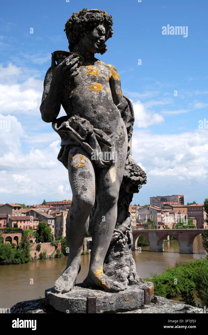 Statua nel giardino del Palazzo Vescovile, con il fiume Tarn e il Ponte Vecchio sullo sfondo, Albi, Tarn, Francia. Foto Stock
