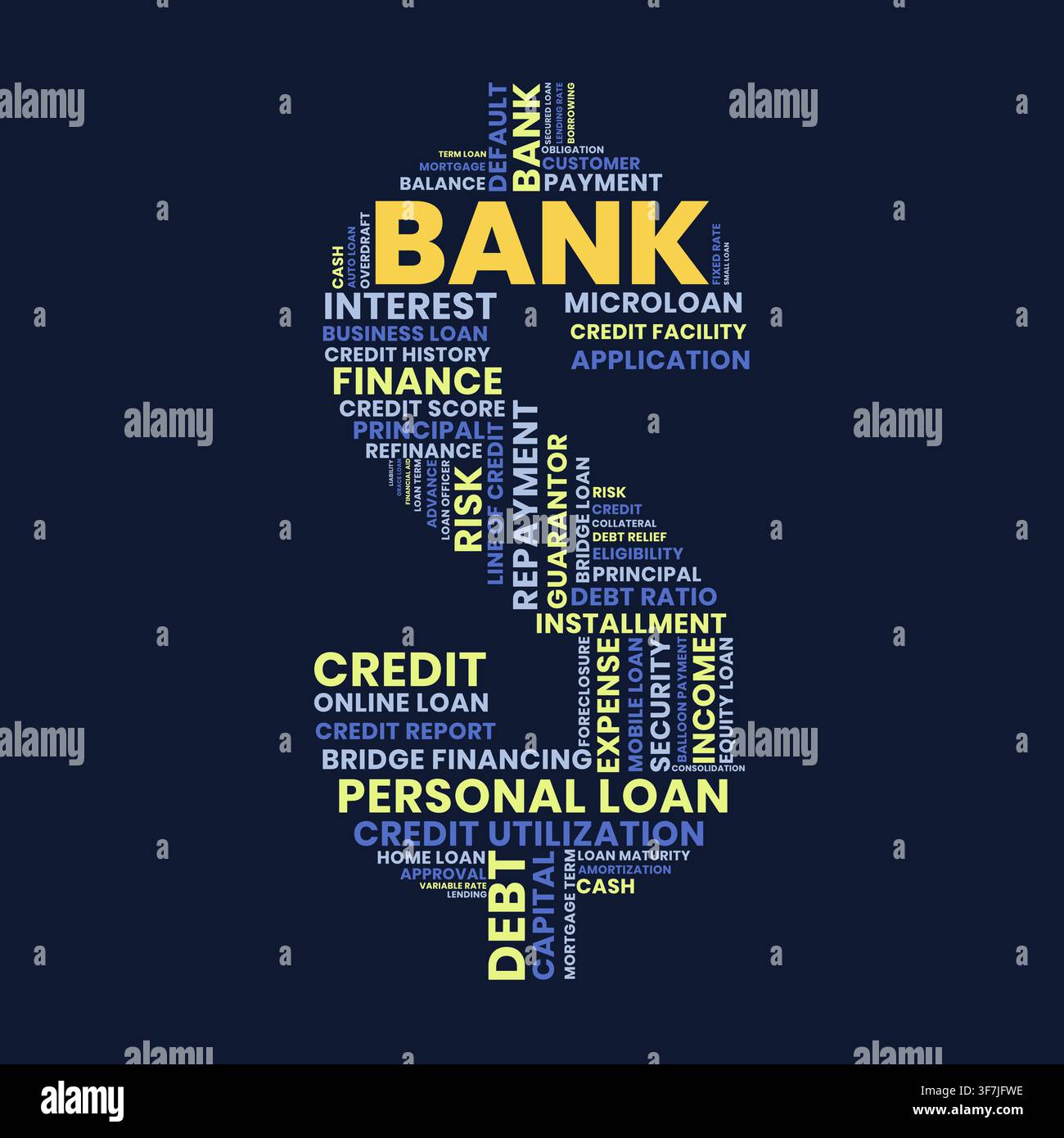 Bank Word Cloud in Dollar Sign Shape. Finanza denaro credito prestito e investimento Illustrazione Vettoriale