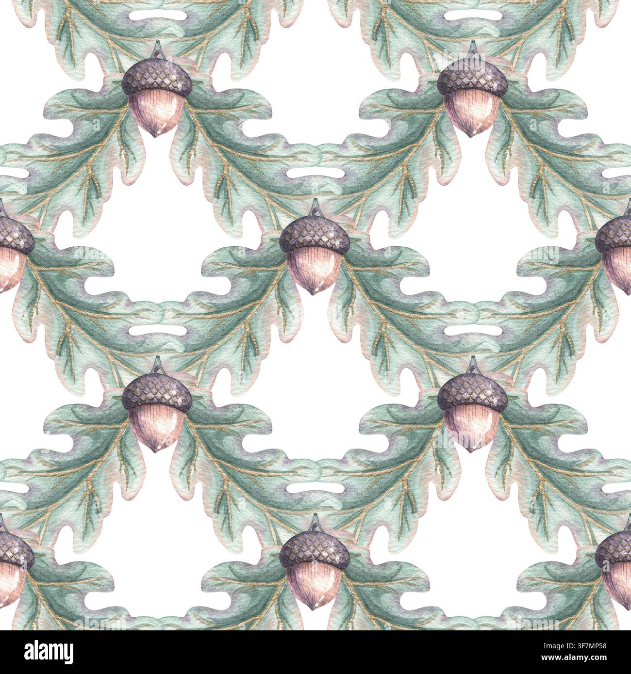 Motivo senza giunzioni a foglie di quercia e ghiande. Foglia verde acquerellata disegnata a mano con pianta marrone in disposizione a rombo. Grafica boschiva per design stagionale. Ripetizione decorativa per tessuto o carta da parati. Foto Stock
