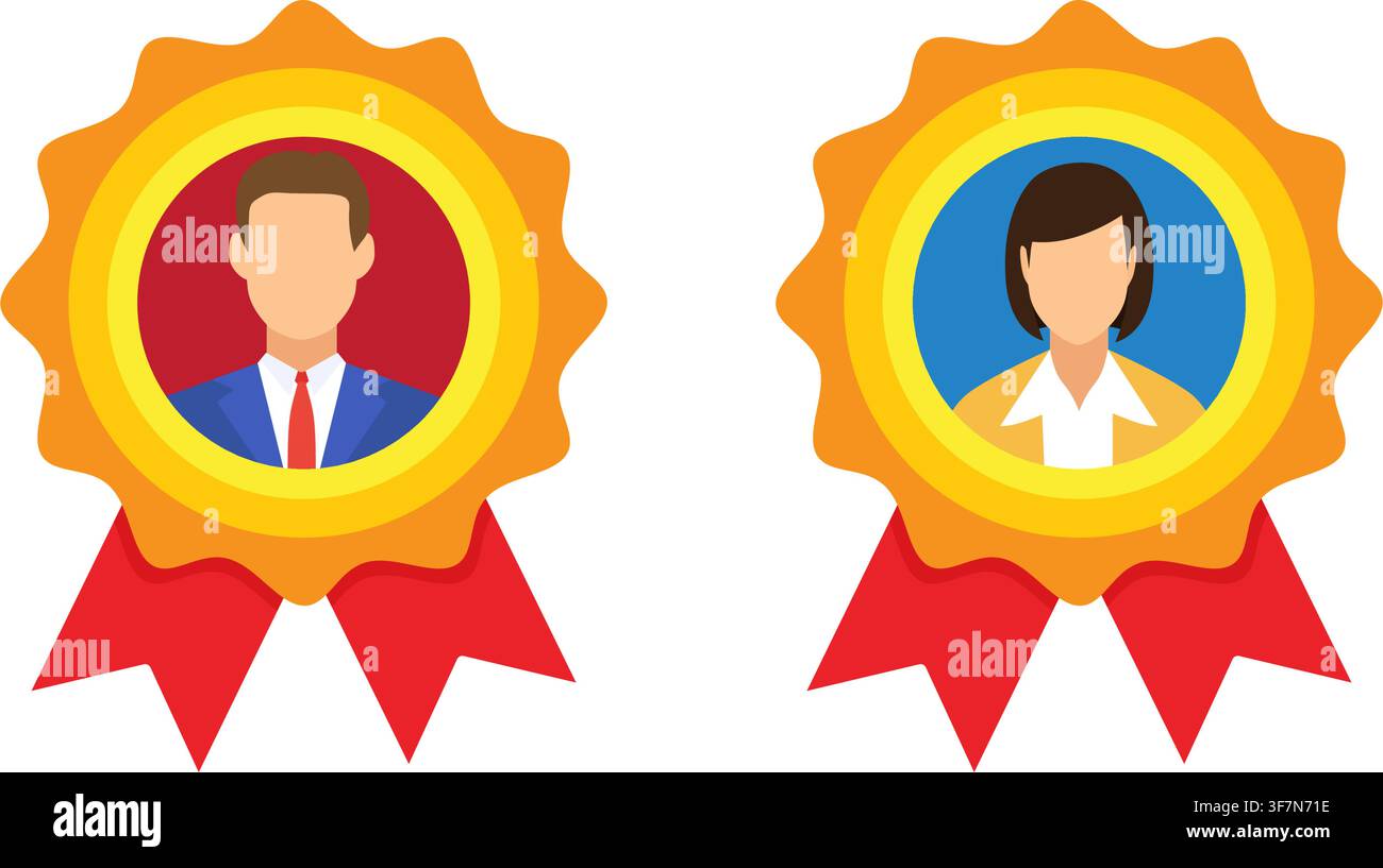 Badge di premiazione d'oro con icone di profilo di uomo e donna all'interno di cornici circolari con code di nastro rosso per premi ai dipendenti Illustrazione Vettoriale