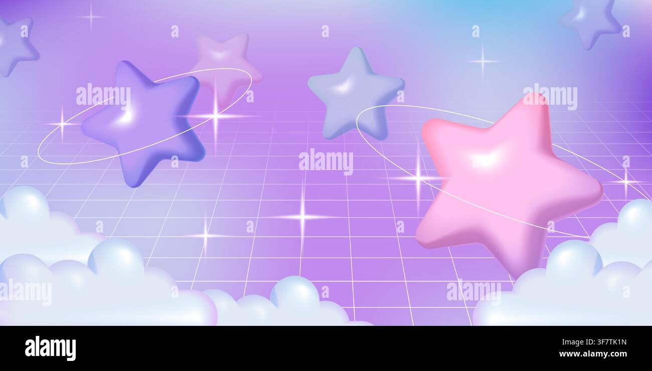 Stelle e nuvole 3D che fluttuano su uno sfondo sfumato. Illustrazione vettoriale realistica di un banner romantico Y2K con palloncini rosa pastello, viola e scintille, poster retrò da sogno con effetto plastica Illustrazione Vettoriale