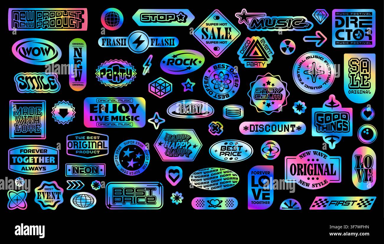 Adesivi ologramma y2k groovy etichette patch retrò. Pacchetto di adesivi vettoriali con foglio iridescente ologramma forma geometrica con globi, stelle, frecce e cuori retrò y2k. Etichette patch foglio sfumato groovy Illustrazione Vettoriale