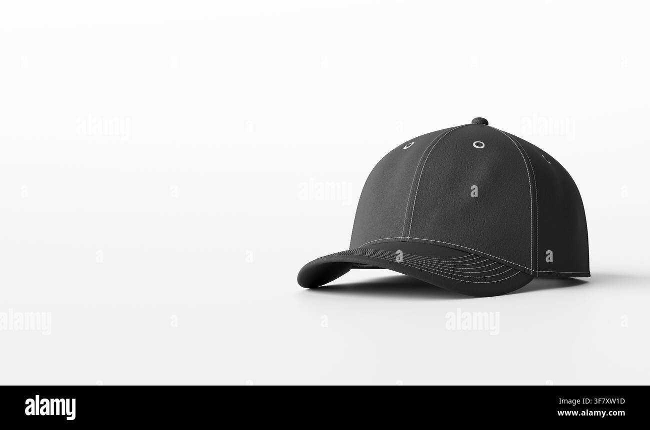 Cappello da baseball nero con design vuoto isolato su sfondo bianco, offre spazio di copia chiaro per il branding o i loghi Foto Stock