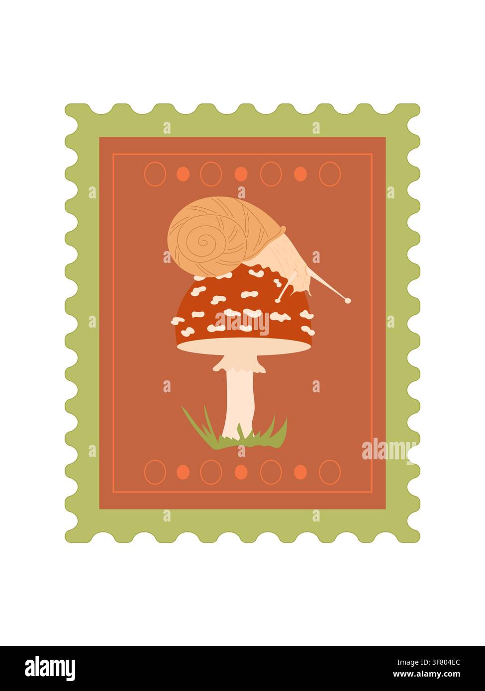Amanita muscaria con lumaca su clipart di francobollo vintage per cartoleria postale. Illustrazione Vettoriale