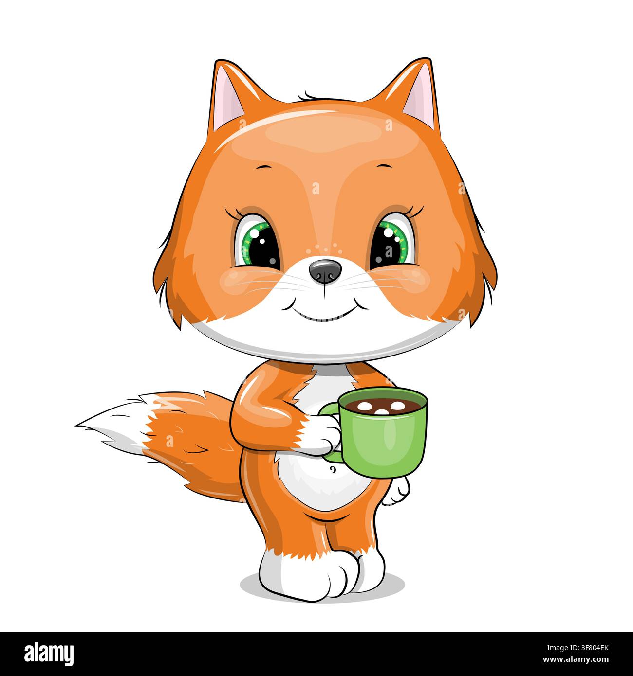 Volpe carina in cartone animato e tazza verde con cioccolata calda. Illustrazione vettoriale dell'animale su sfondo bianco. Illustrazione Vettoriale