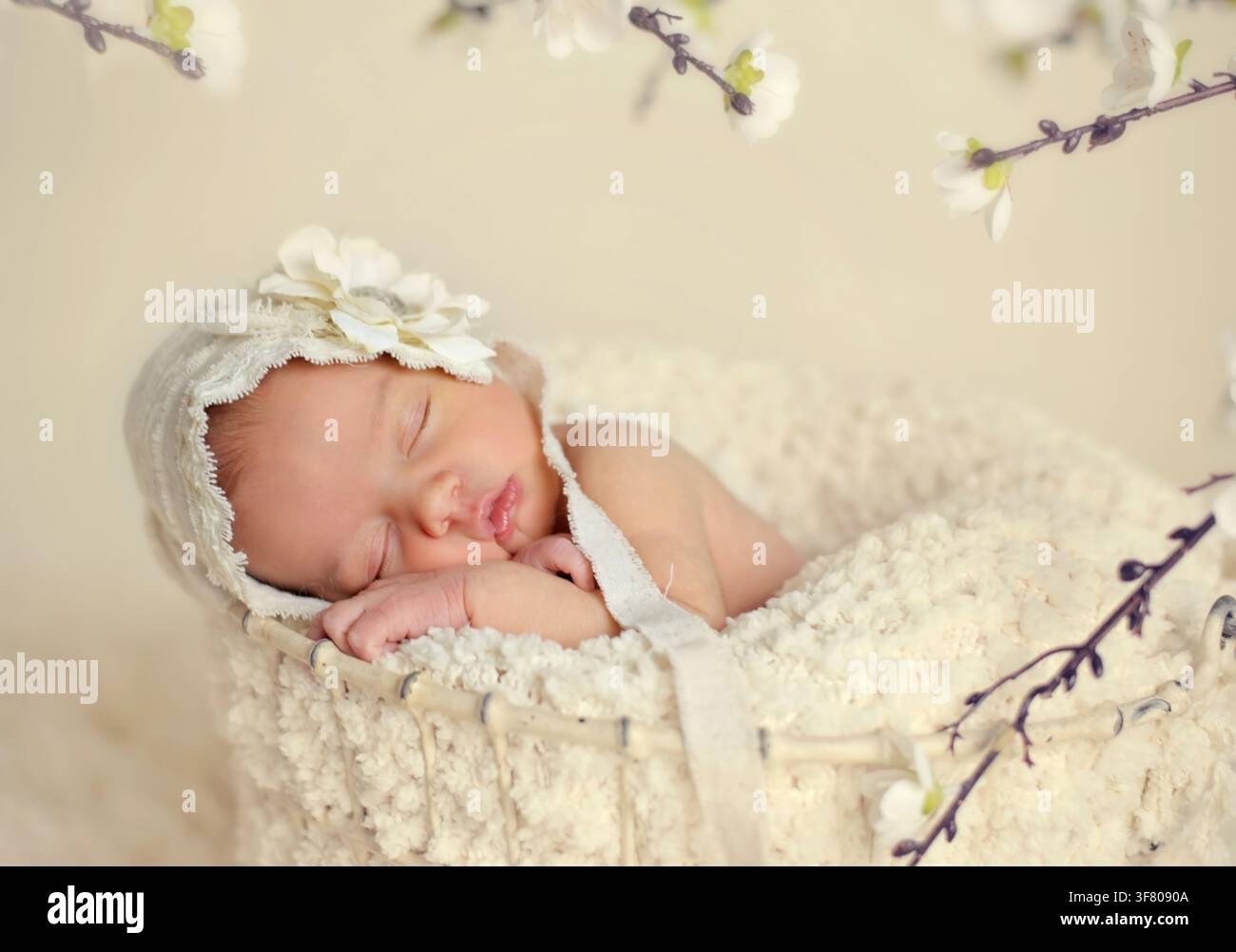 Neonato che dorme pacificamente in un cesto accogliente Foto Stock