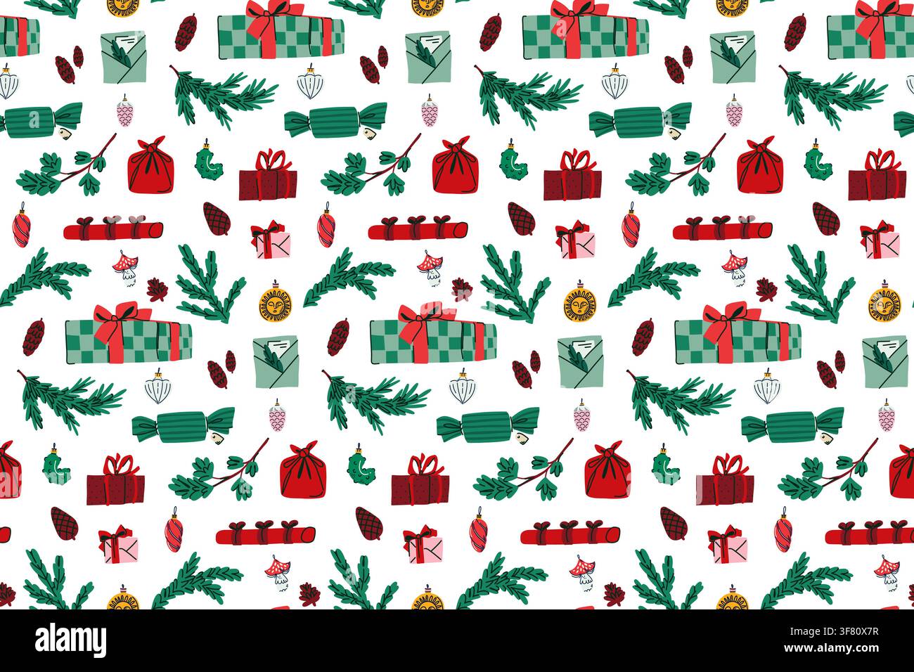 Motivo senza cuciture natalizio con regali incartati, rami di sempreverdi, bacche, fiocchi e decorazioni festive, illustrazione natalizia disegnata a mano per tessuto Illustrazione Vettoriale