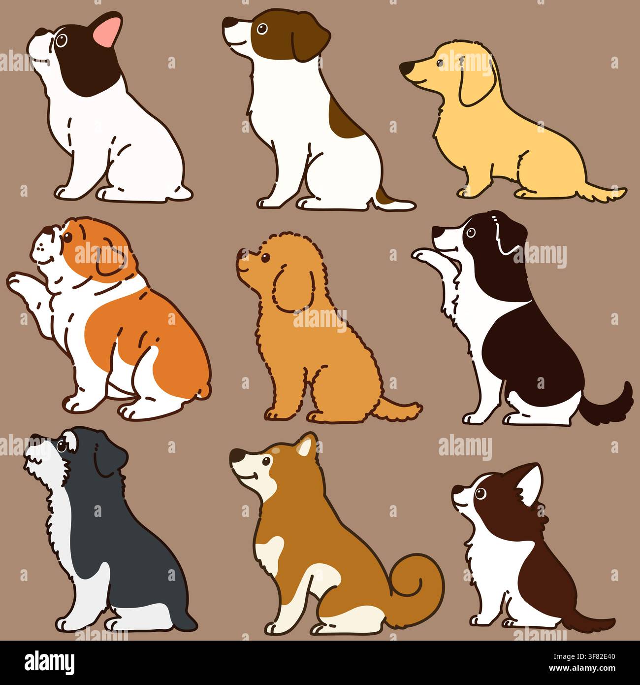 Set di cani carini delineati in illustrazioni a vista laterale Illustrazione Vettoriale