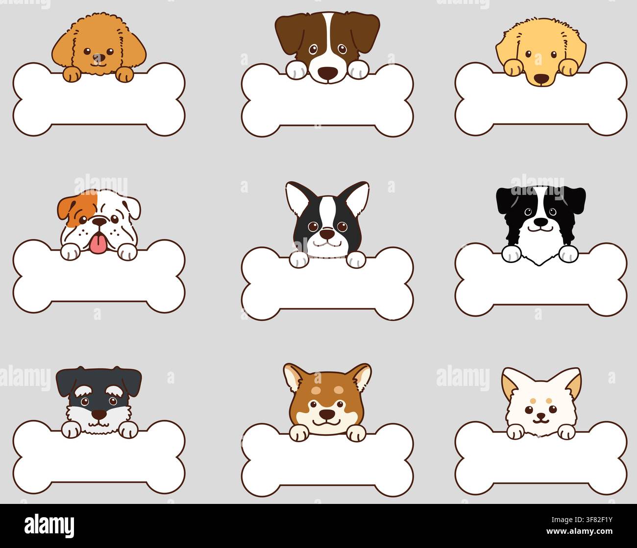 Set di vari volti di cani carini delineati con zampe che tengono un osso Illustrazione Vettoriale