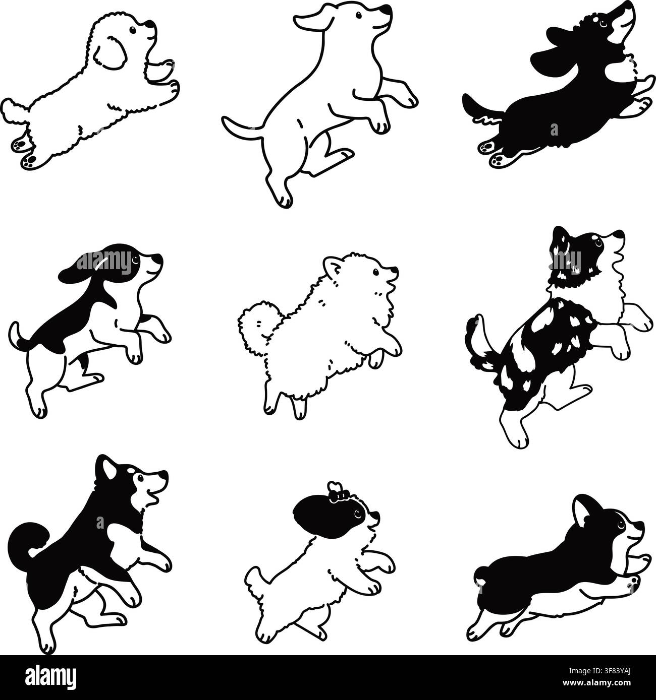Set di cani carini e semplici che saltano e giocano con solo i contorni Illustrazione Vettoriale