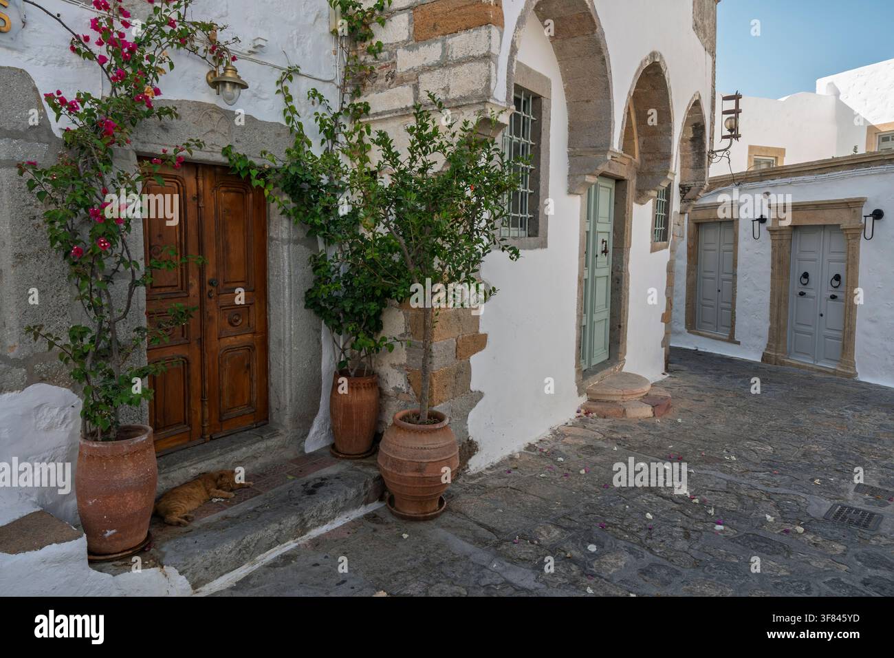 Via Chora a Patmos con architettura tradizionale e un gatto che dorme al sole del pomeriggio Foto Stock