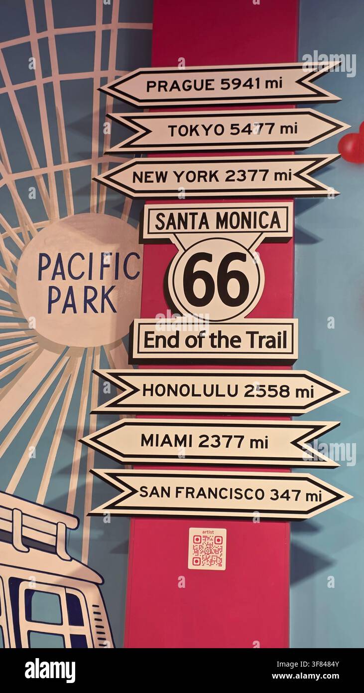 Fine dei cartelli stradali per la Route 66 situata al Pacific Park di Santa Monica, California Foto Stock