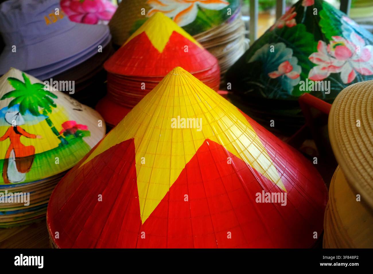 Cappelli conici tradizionali vietnamiti esposti in un mercato a My Tho, Tien Giang, durante una vivace giornata di shopping in Vietnam Foto Stock