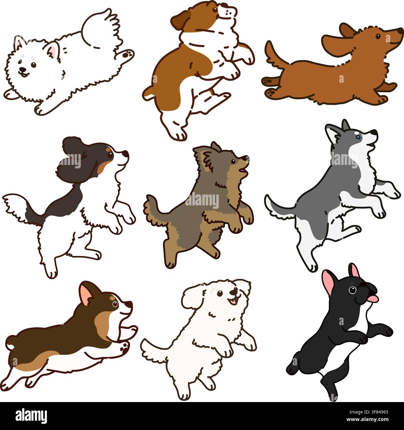 Set di cani carini e semplici delineati che saltano e giocano Illustrazione Vettoriale