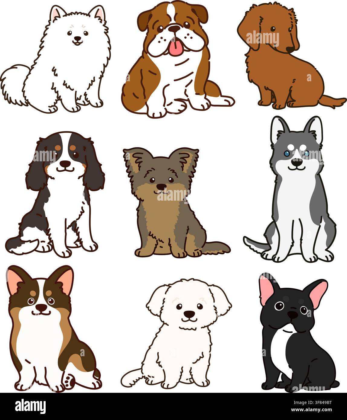 Set di cani carini e semplici delineati in vista frontale Illustrazione Vettoriale
