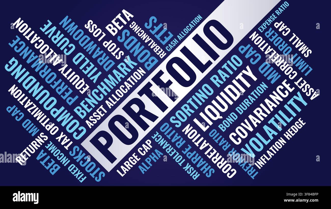 Design a nuvola di parole Portfolio per poster, arte murale, banner di educazione finanziaria, decorazione per aula. Tipografia finanziaria blu diagonale Portfolio Illustrazione Vettoriale