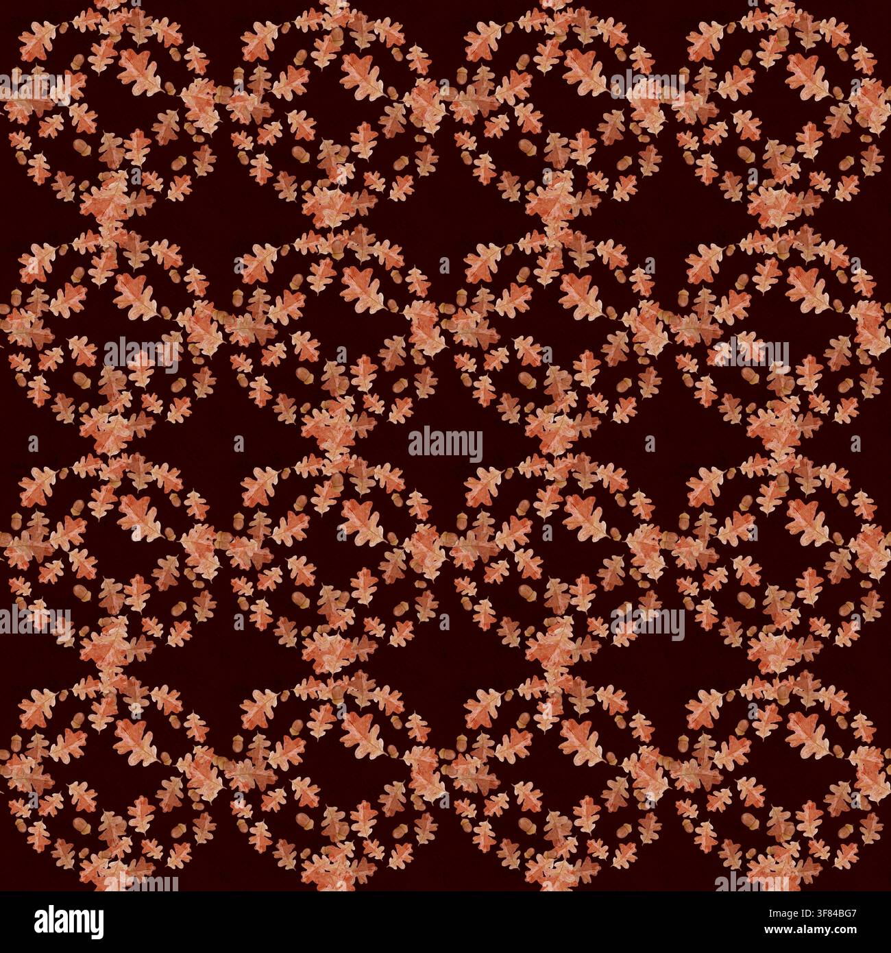 Motivo ad acquerello senza cuciture con foglie di quercia autunnale e ghiande su sfondo scuro. Design autunnale dipinto a mano in caldi colori terrosi per il tessuto Foto Stock
