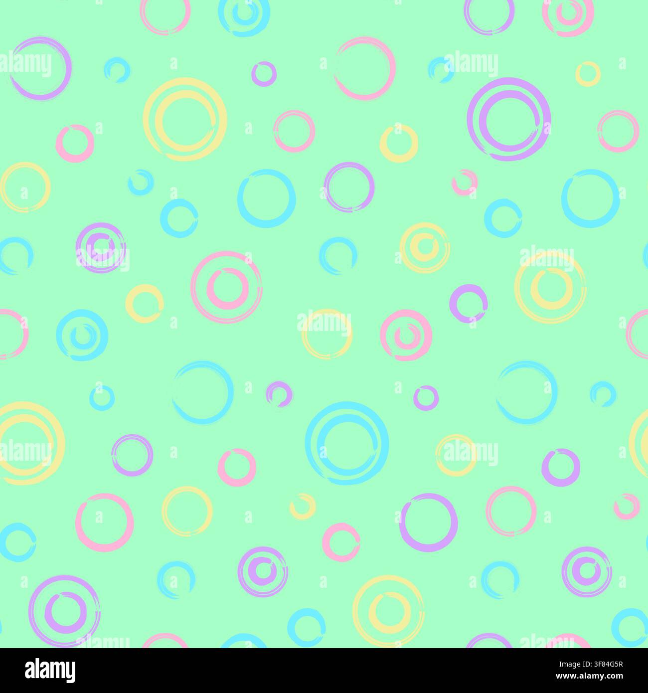 Motivo a bolle grunge pastello con cerchi e anelli disegnati a mano che si sovrappongono in rosa tenue, giallo, blu, verde e viola su uno sfondo menta, creando Illustrazione Vettoriale