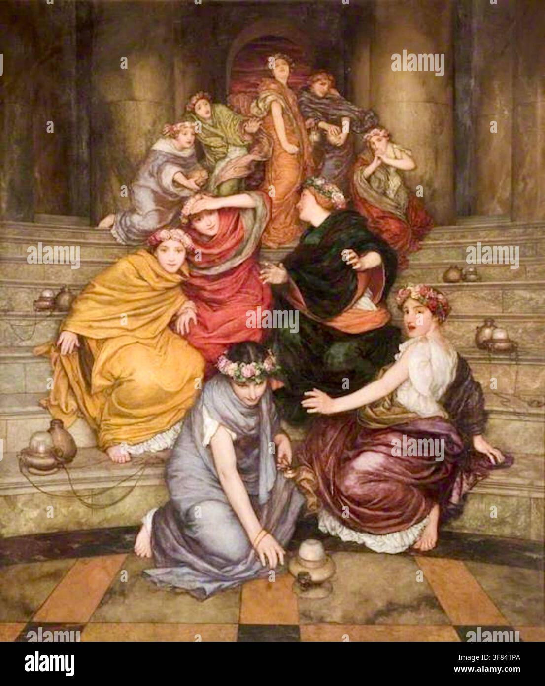 William John Wainwright - Parabola delle sagge e delle folli vergini - 1899 - Rappresenta la parabola biblica delle dieci vergini di Matteo 25, mostrando figure radunate con lampade a olio su gradini di pietra. Foto Stock