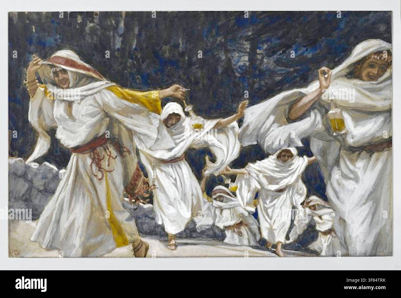James Tissot - Le vergini stolte (Les vierges folles) - 1886-1894 - Rappresenta la parabola biblica delle dieci vergini del Vangelo di Matteo (25:1–13). La scena illustra le cinque vergini stolte che si agitano nella disperazione dopo essersi rese conto di non aver portato abbastanza olio per mantenere le loro lampade accese per l'arrivo dello sposo. Foto Stock