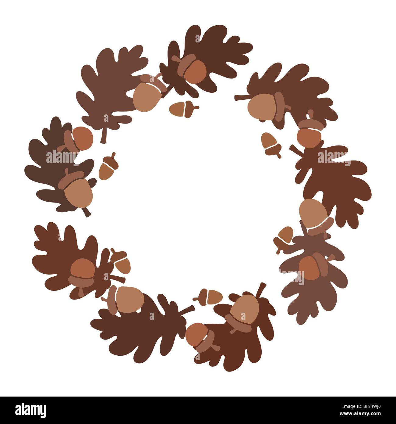 Cornice rotonda vettoriale realizzata con foglie di quercia e ghiande. Bordo botanico autunnale per biglietto di auguri, invito, quaderno e design di logo. Illustrazione Vettoriale