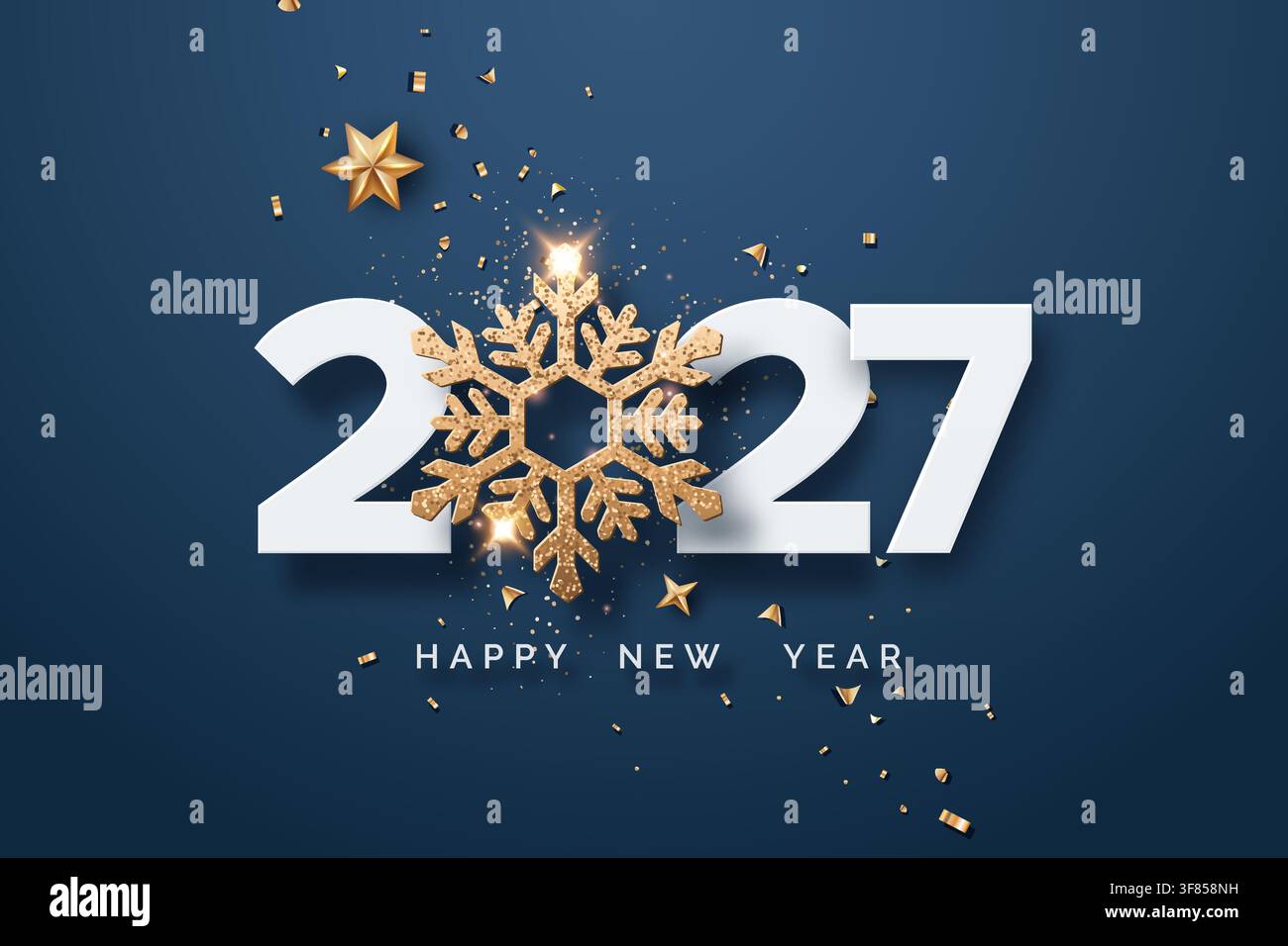 2027 Testo "Buon anno nuovo" con fiocco di neve dorato, stelle e coriandoli su sfondo blu scuro Illustrazione Vettoriale