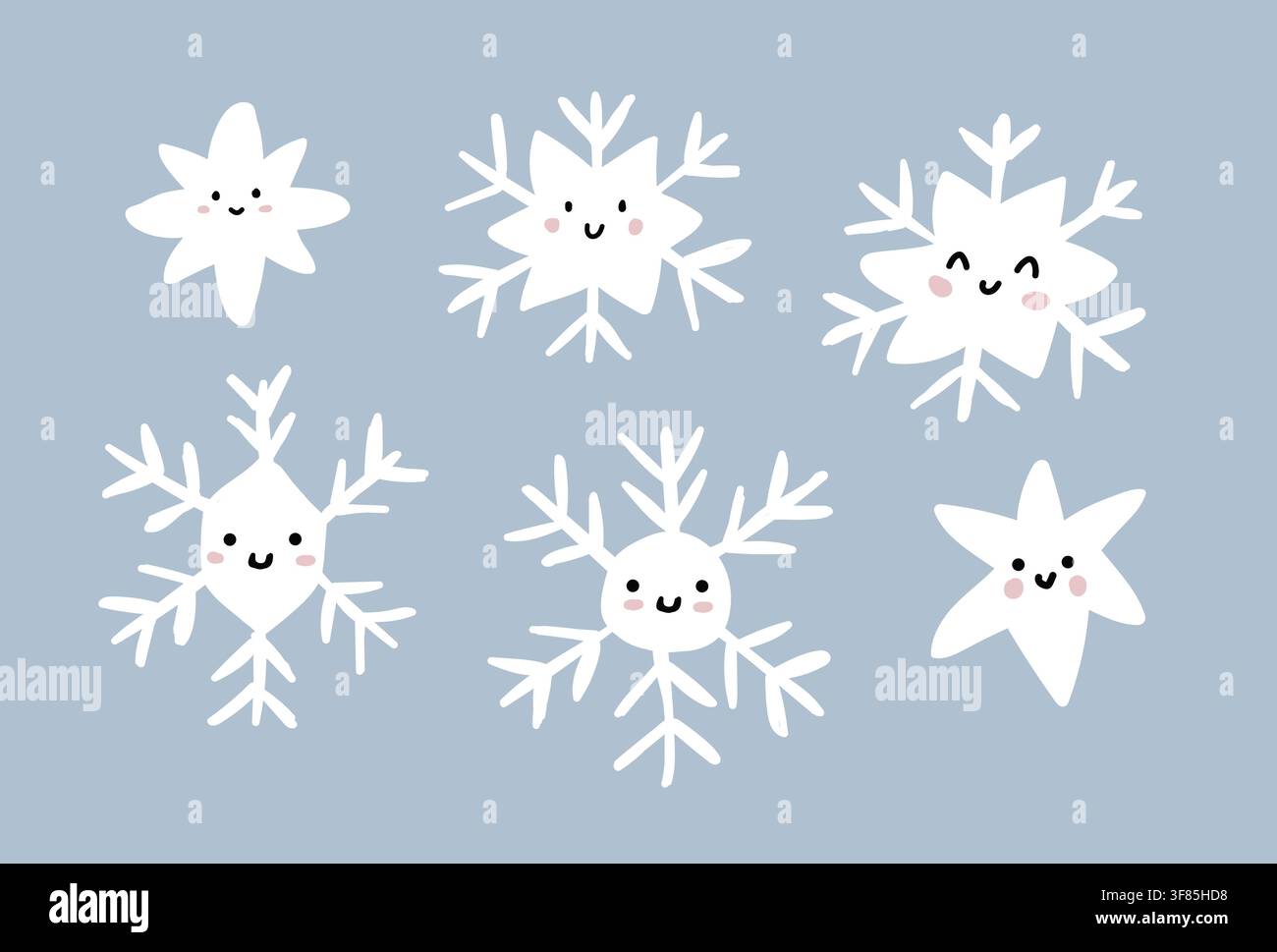 Simpatico set di clipart invernali con fiocchi di neve e stelle sorridenti su uno sfondo azzurro cielo. Perfetto per lavoretti natalizi, adesivi, decorazioni per camerette, biglietti di auguri, scrapbooking e progetti fai-da-te per le feste. File vettoriale disegnato a mano. Illustrazione Vettoriale
