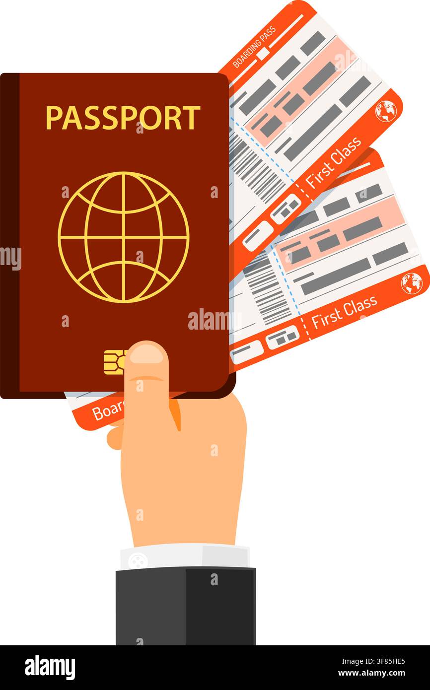 Concetto di vacanza e turismo con icone piatte a mano con passaporto e biglietti aerei. illustrazione vettoriale isolata Illustrazione Vettoriale