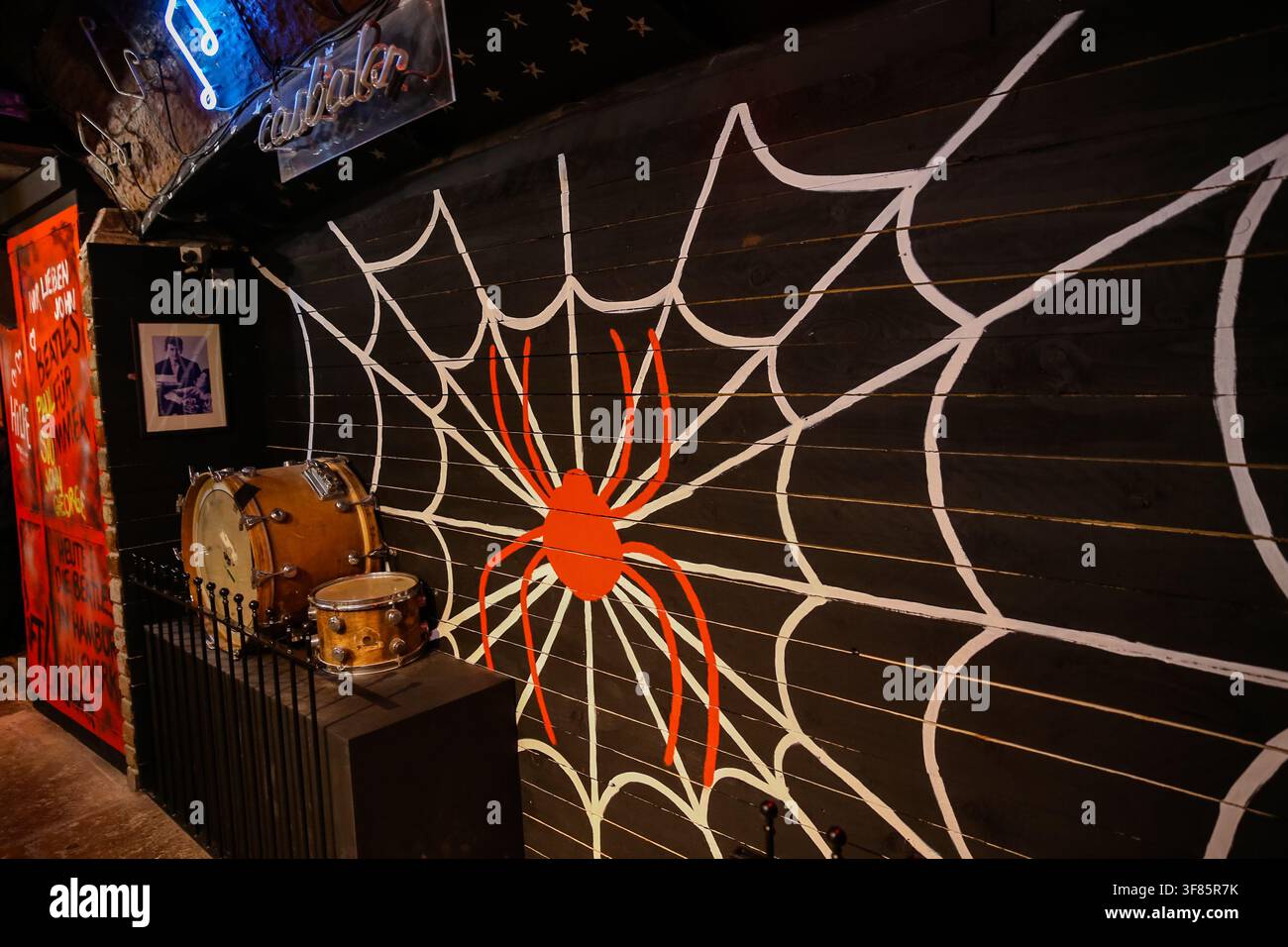 Esposizione murale di ragni ispirata ai Beatles al The Beatles Story a Liverpool, Inghilterra. Foto Stock