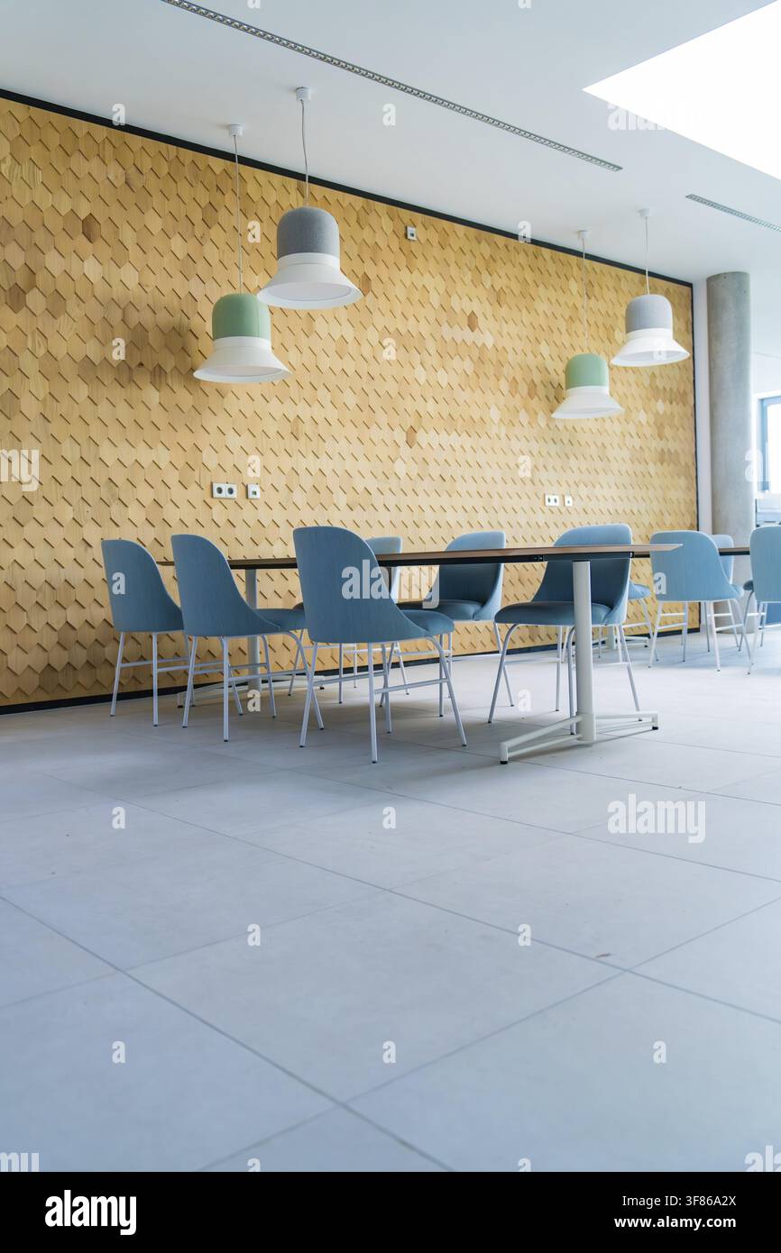 Sala da pranzo minimalista con sedie blu e parete in legno, moderna e piena di luce Foto Stock