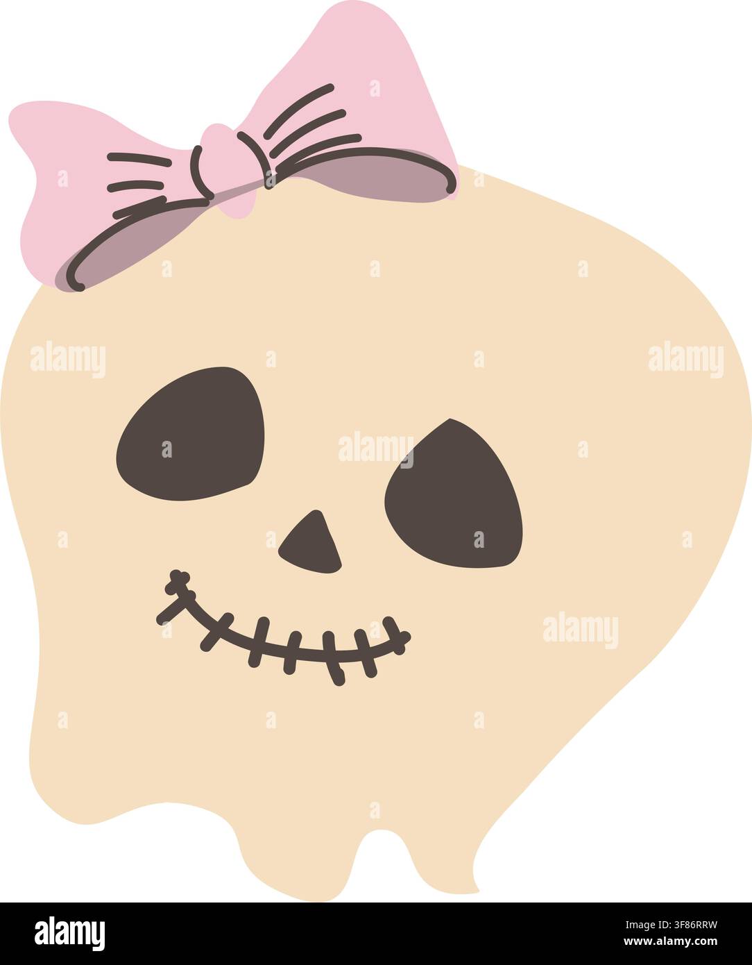 Teschio carino di Halloween con fiocco. Illustrazione vettoriale disegnata a mano isolata su bianco. Illustrazione Vettoriale