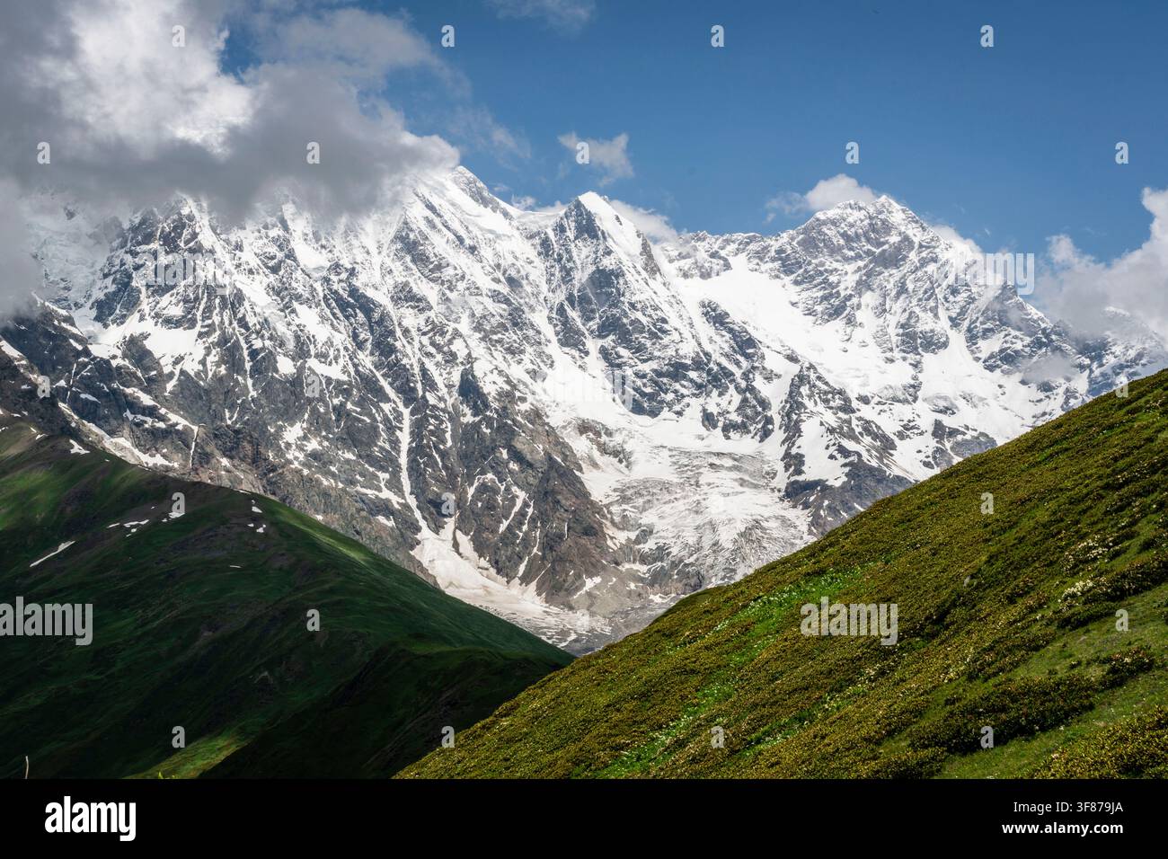 Monte Shkhara, 5203 metri, sentiero trans caucasico, Alta Svaneti, catena montuosa del Caucaso, Georgia Foto Stock