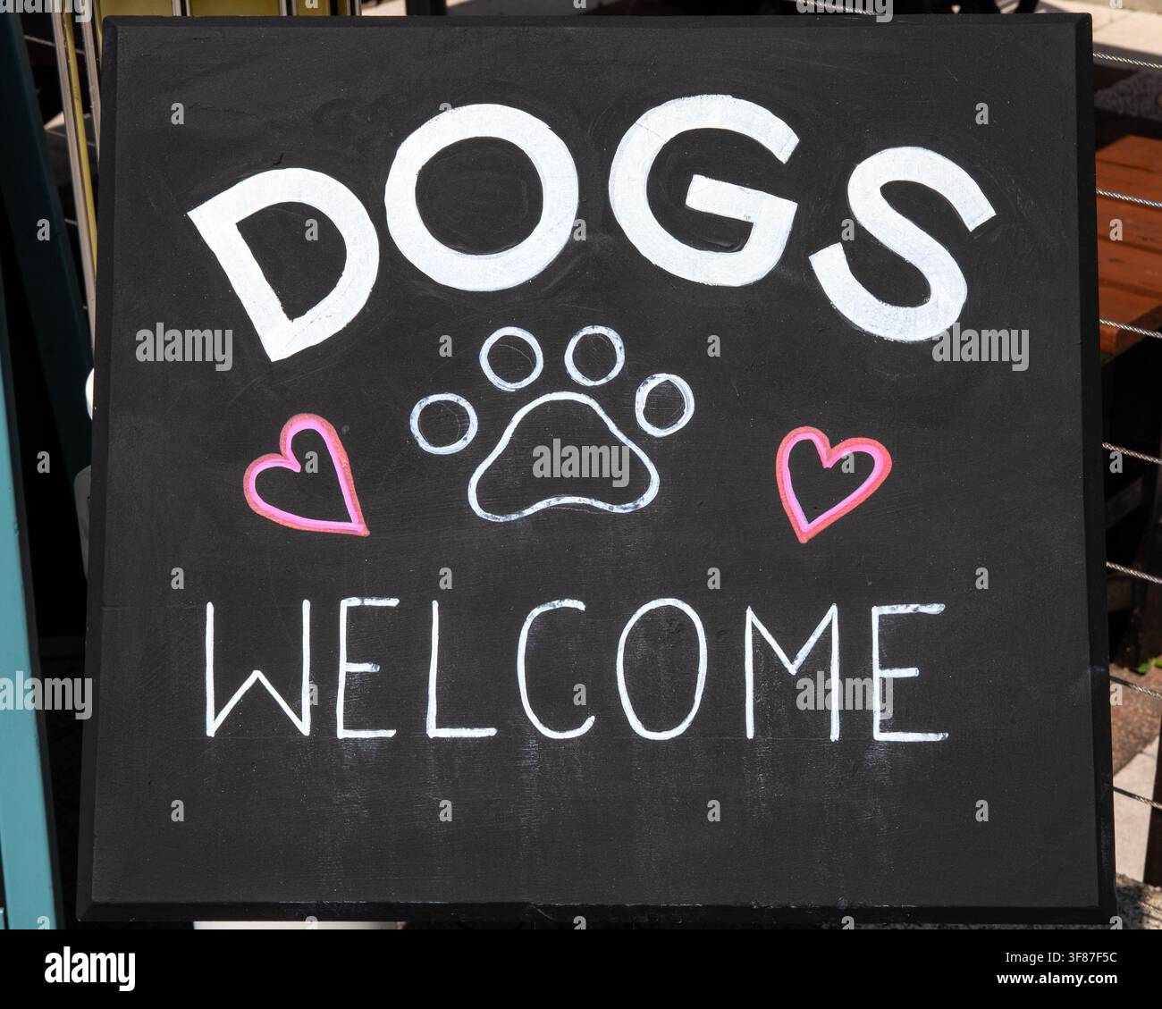 Primo piano di un cartello "Dogs Welcome". Foto Stock