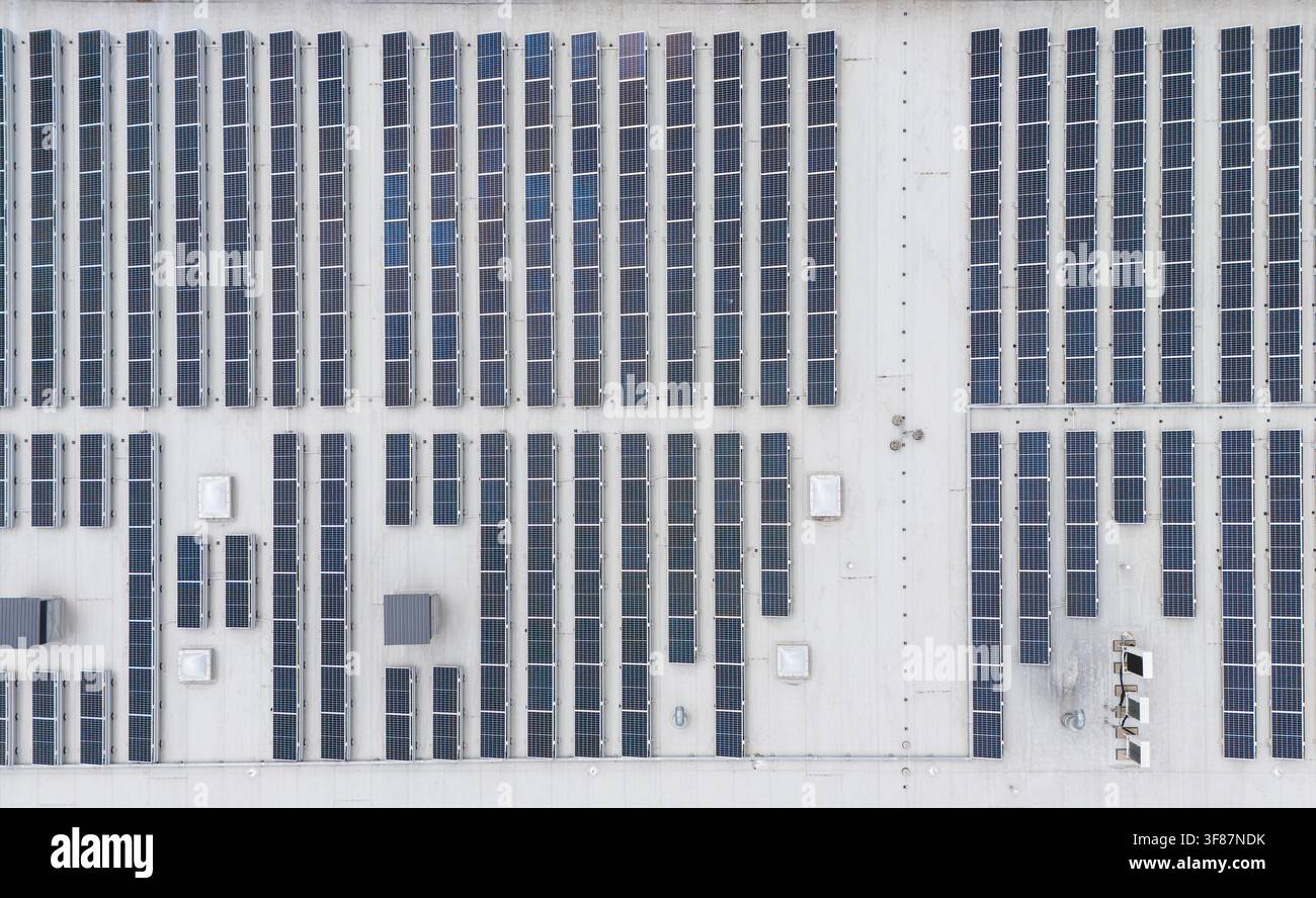Vista aerea dall'alto di un'estesa distesa di pannelli solari che copre il tetto di un grande magazzino industriale, energia rinnovabile commerciale e sostenibilità Foto Stock
