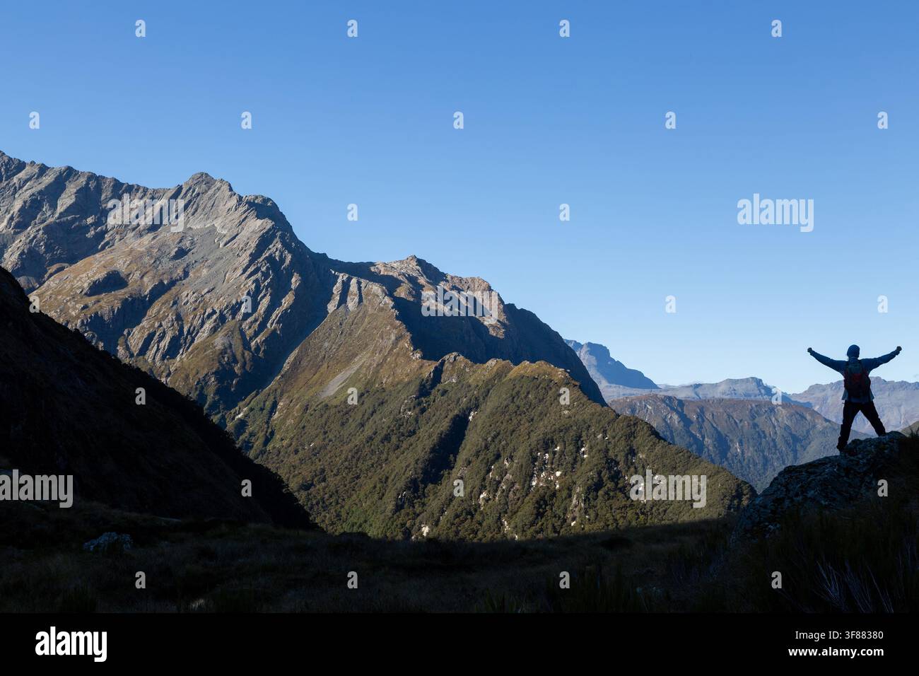 Un escursionista sul Routeburn Track che posa contro il cielo con la catena montuosa dell'Humboldt nel Parco Nazionale di Mount Aspiring, Nuova Zelanda Foto Stock
