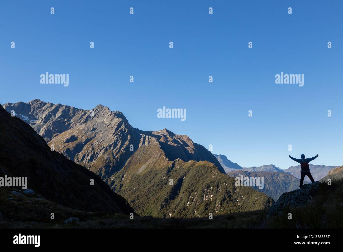 Un escursionista sul Routeburn Track che posa contro il cielo con la catena montuosa dell'Humboldt nel Parco Nazionale di Mount Aspiring, Nuova Zelanda Foto Stock