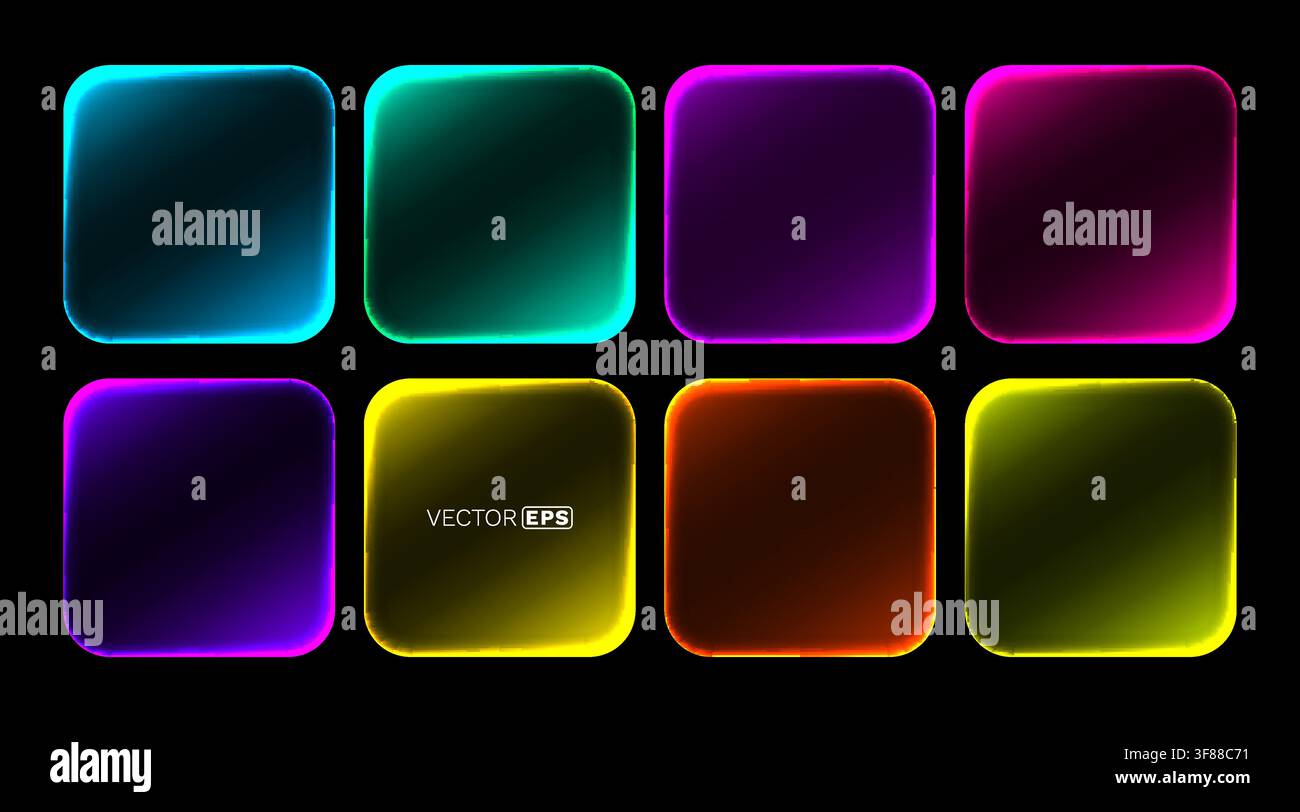 Quadrati arrotondati neon vivaci su uno sfondo scuro. Elementi UI astratti e colorati moderni. Illustrazione vettoriale Illustrazione Vettoriale