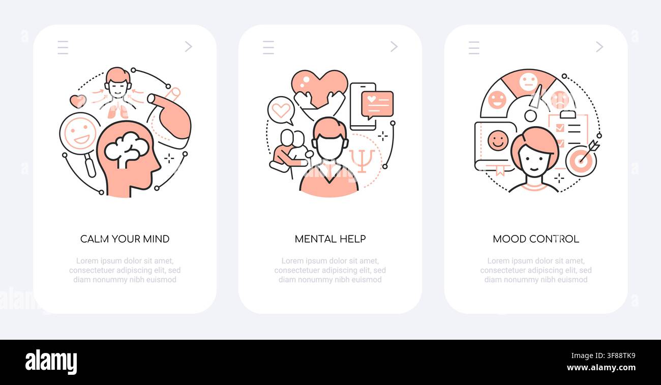 Icone Mente Calma, Aiuto Mentale e Controllo dell'Umore - Set di Banner in Design Lineare Illustrazione Vettoriale