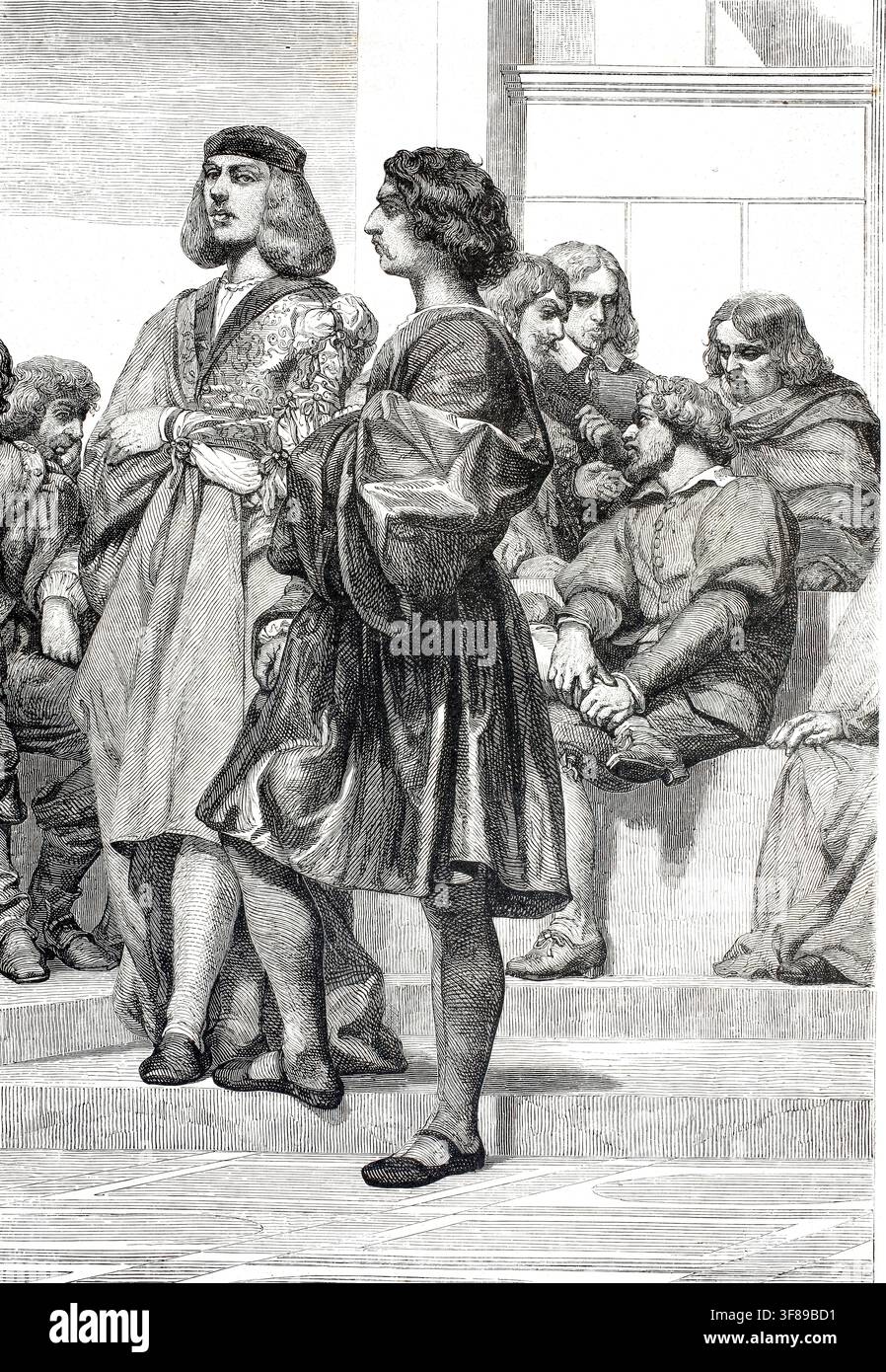 "Questa immagine mostra un dettaglio del dipinto storico Hémicycle des Beaux-Arts di Paul Delaroche. L'uomo di profilo in primo piano rappresenta l'influente pittore barocco francese Nicolas Poussin. Direttamente a sinistra di Poussin, leggermente elevato e rivolto a sinistra, si trova il famoso pittore di paesaggio barocco francese Claude Lorrain, noto anche come Claude Gellée. Seduti e in piedi sullo sfondo ci sono altri grandi artisti europei, tra cui Michelangelo Merisi da Caravaggio. Si tratta di una riproduzione autentica ad alta risoluzione di un originale del XIX secolo; la data esatta del dipinto è" Foto Stock