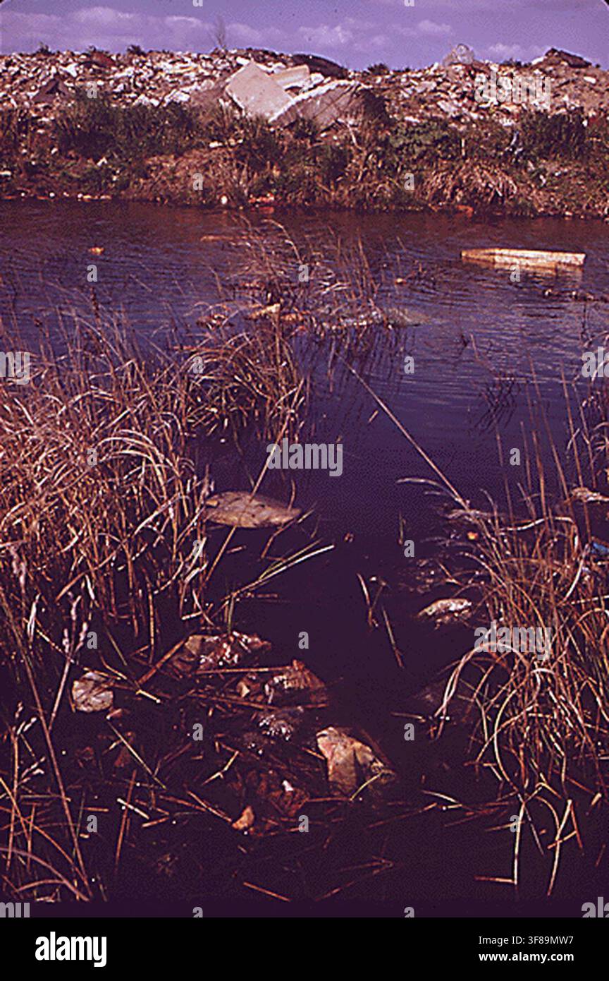 Una fotografia del 1973 della discarica di Middletown, vista da una palude salata carica di rifiuti al suo confine, come parte del programma DOCUMERICA per documentare le preoccupazioni ambientali. Foto Stock