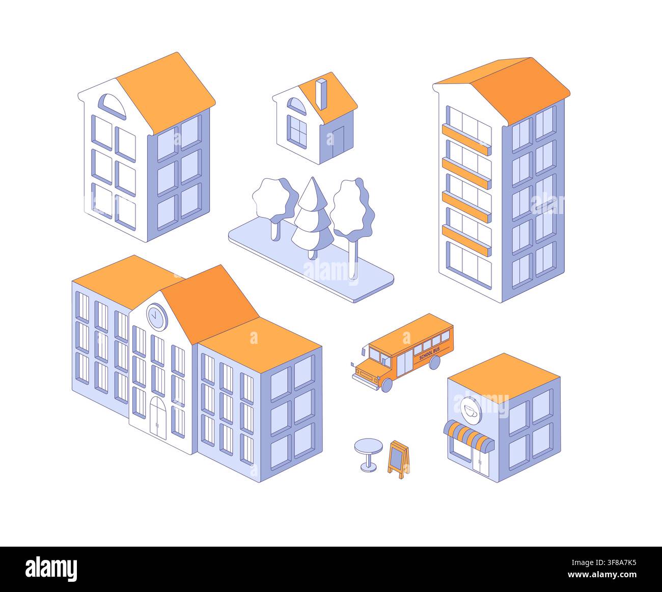 Set di elementi isometrici per il settore immobiliare. Illustrazione vettoriale piatta per l'urbanistica, lo sviluppo immobiliare, l'architettura Illustrazione Vettoriale