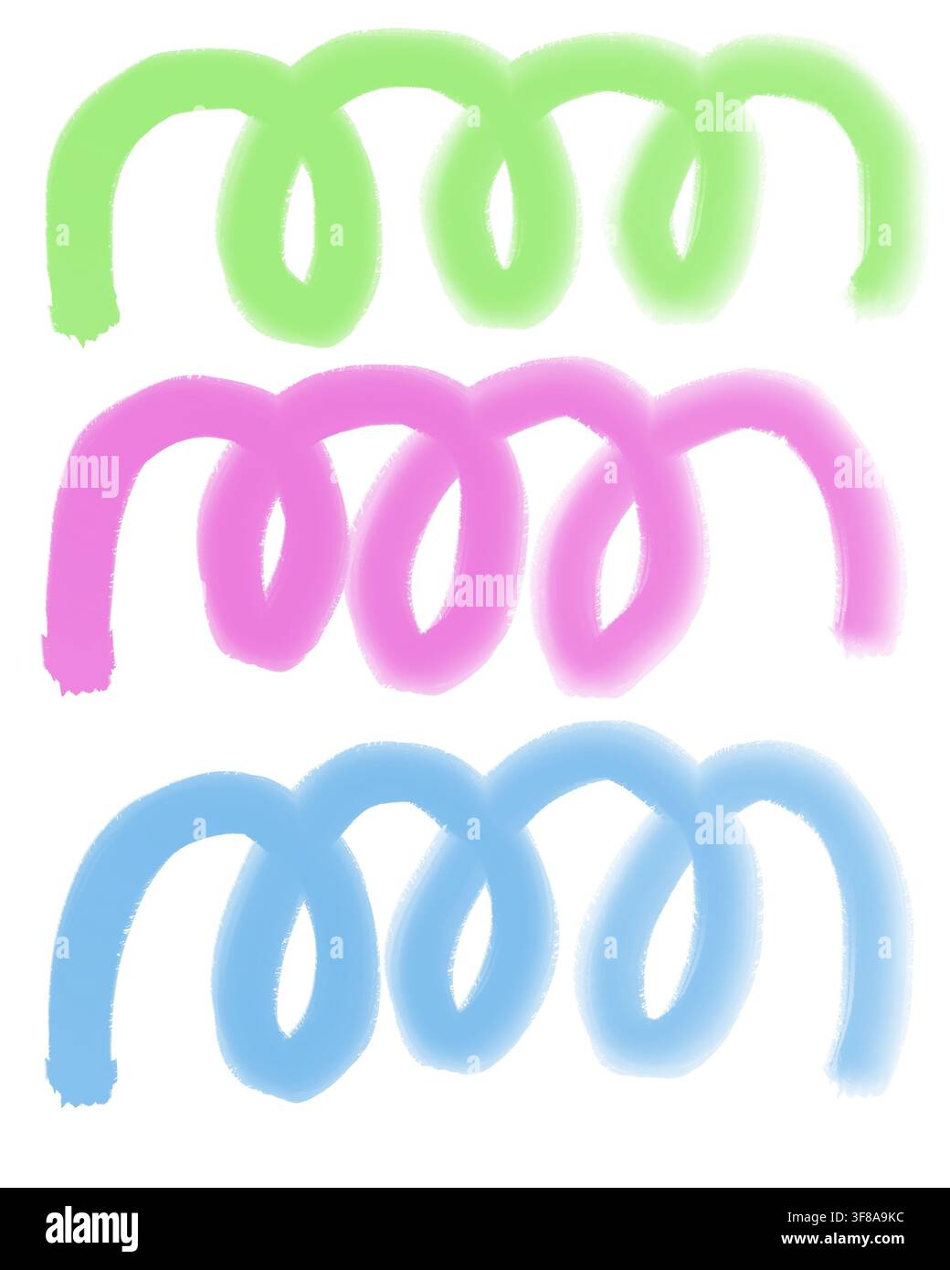 Vivace set disegnato a mano di spirali di gesso colorate e anelli di onde in texture di pennello verde pastello, rosa e blu su uno sfondo isolato. Foto Stock