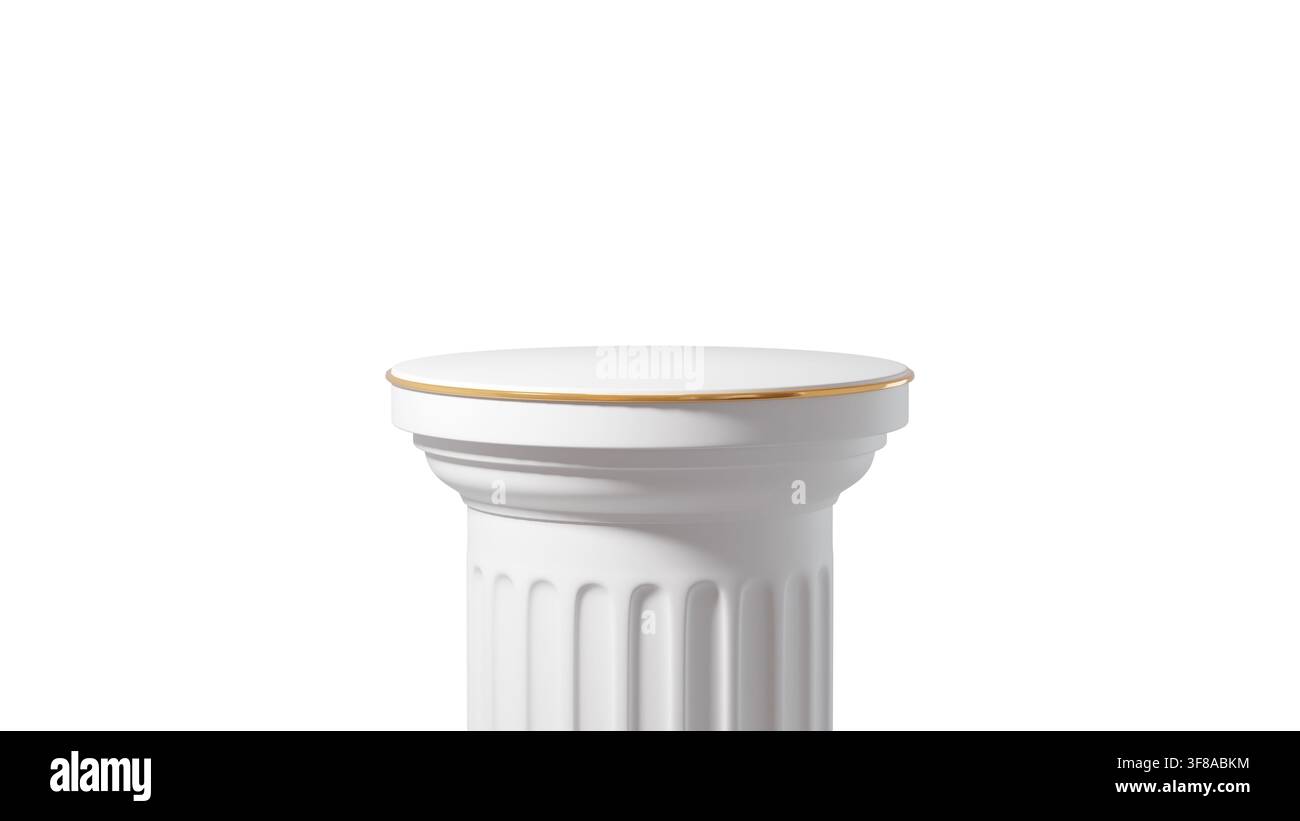 Podio a piedistallo bianco in stile greco romano con finiture dorate, isolato sullo sfondo. Supporto a colonna di lusso minimale per presentazione di prodotti, cosmetica, mostra di galleria Foto Stock