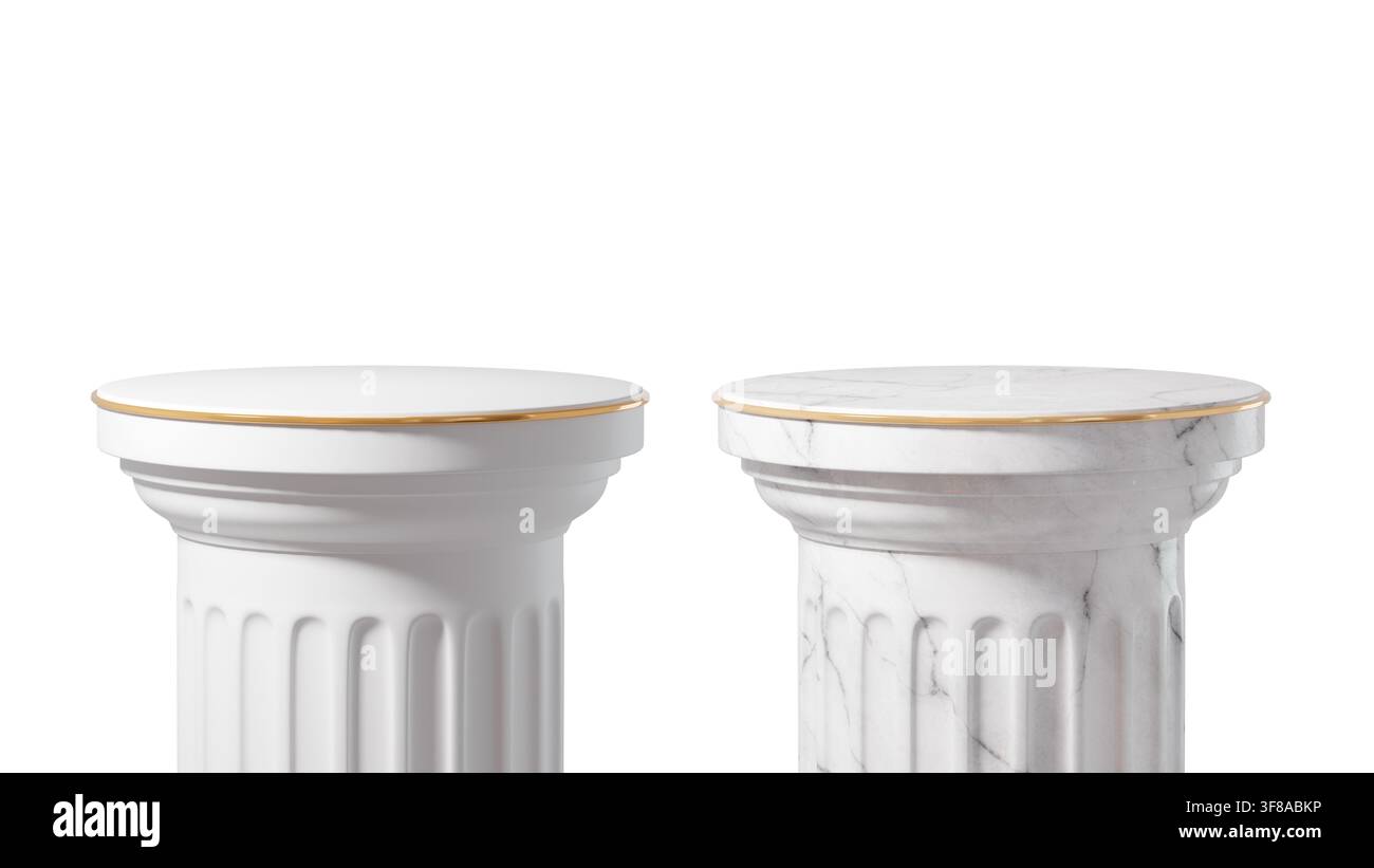 Podio in marmo bianco greco romano e pietra bianca con finiture dorate, isolato sullo sfondo. Supporto a colonna di lusso minimale per la presentazione del prodotto Foto Stock