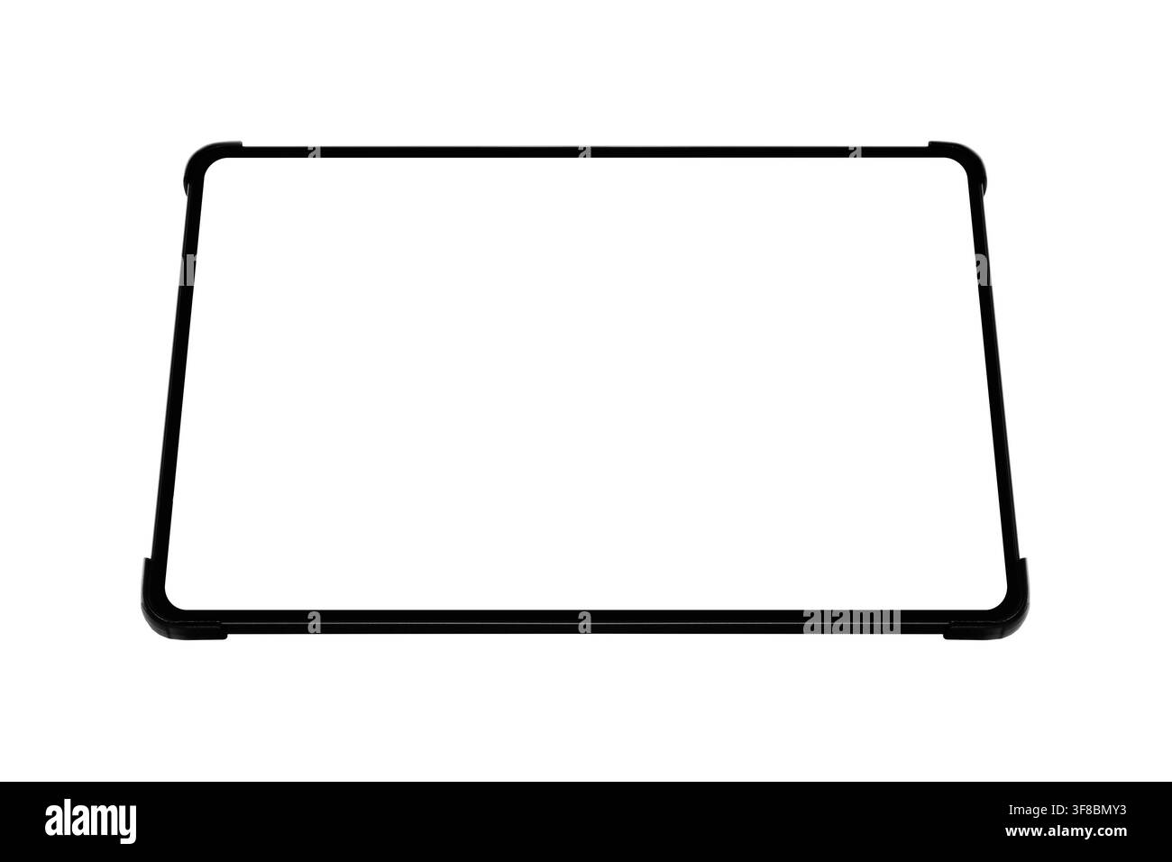 Modello di schermo tablet vuoto in custodia con paraurti nero, disposizione piatta isolata su sfondo bianco Foto Stock
