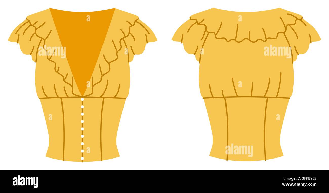 Camicetta con corsetto a balze a scollo a V svasato, maniche corte e vita aderente. Illustrazione tecnica di moda a colore piatto che mostra balze a strati e una silhouette strutturata, design di abbigliamento romantico moderno. Illustrazione Vettoriale