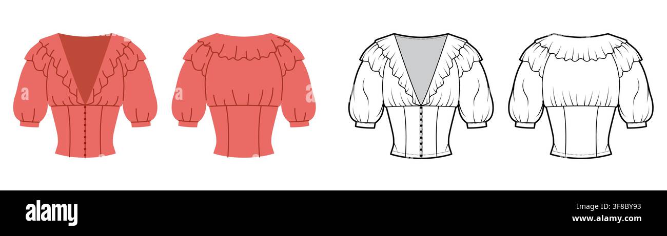 Illustrazione tecnica di moda di una camicetta con scollo a V arricciato e maniche a sbuffo lunghe con cintura morbida. Disegno lineare pulito che mostra uno scollo a strati e una costruzione con sagoma liscia sul retro. Illustrazione Vettoriale