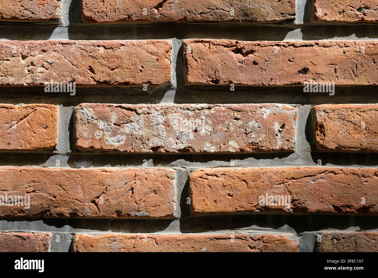 Mattoni illuminati dal sole mostrano superfici consumate e ruvide. Le linee di malta grigia definiscono la forma di ogni mattone. Le intemperie aggiungono carattere a ogni superficie. Ideale per rustico, Foto Stock