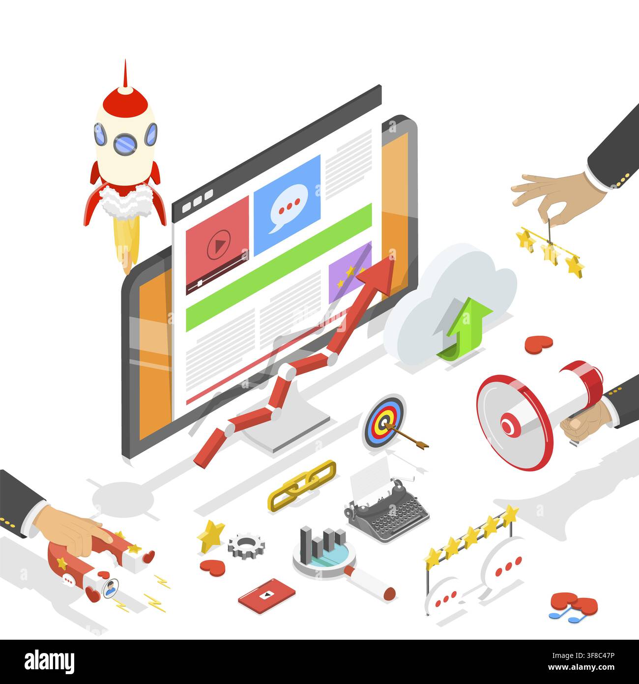 Agenzia di marketing digitale. Concetto isometrico piatto di rete sociale, SEM, comunicazione mediatica, SEO Foto Stock