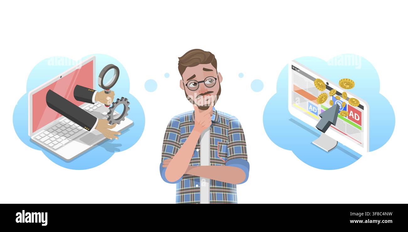 Illustrazione concettuale piatta isometrica 3D di SEO vs PPC, Ottimizzazione del motore di ricerca VS Strategia di marketing Pay Per Click Foto Stock